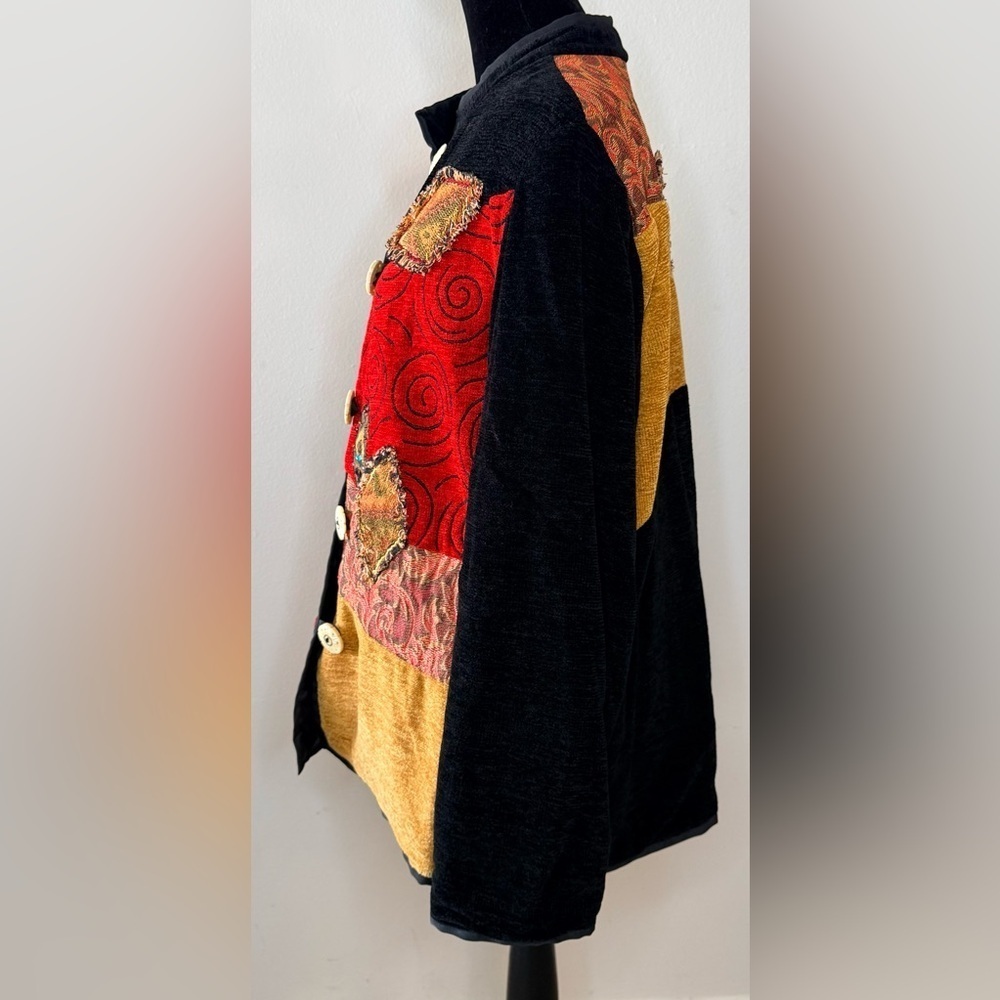 Vintage Black Chenille tapestry patchwork Jacket beaded leaves carved buttons XL - Picture 4 of 11